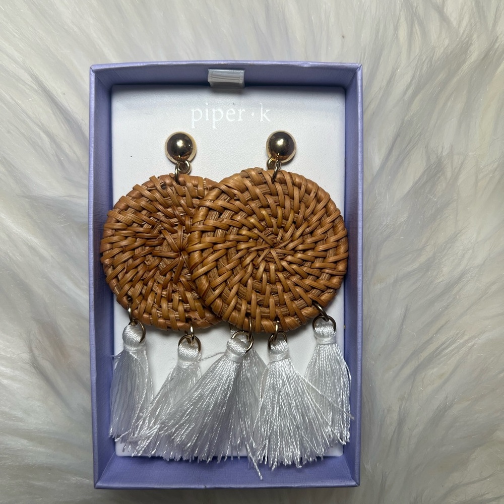 Piper Tan and White Woven Tassel Earrings